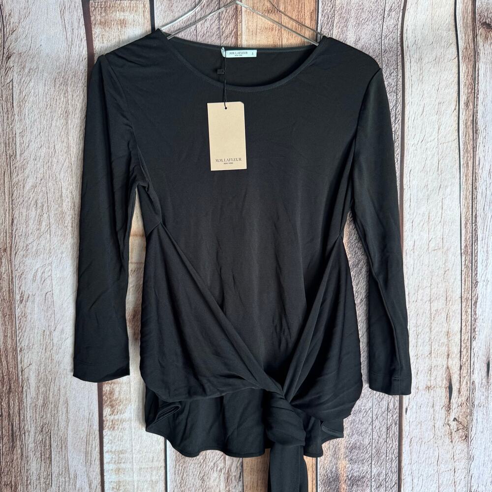 M.M. LaFleur Blouse Walker 2.0 Black Knit Crepe Top Tie Front Asymmetrical Hem S